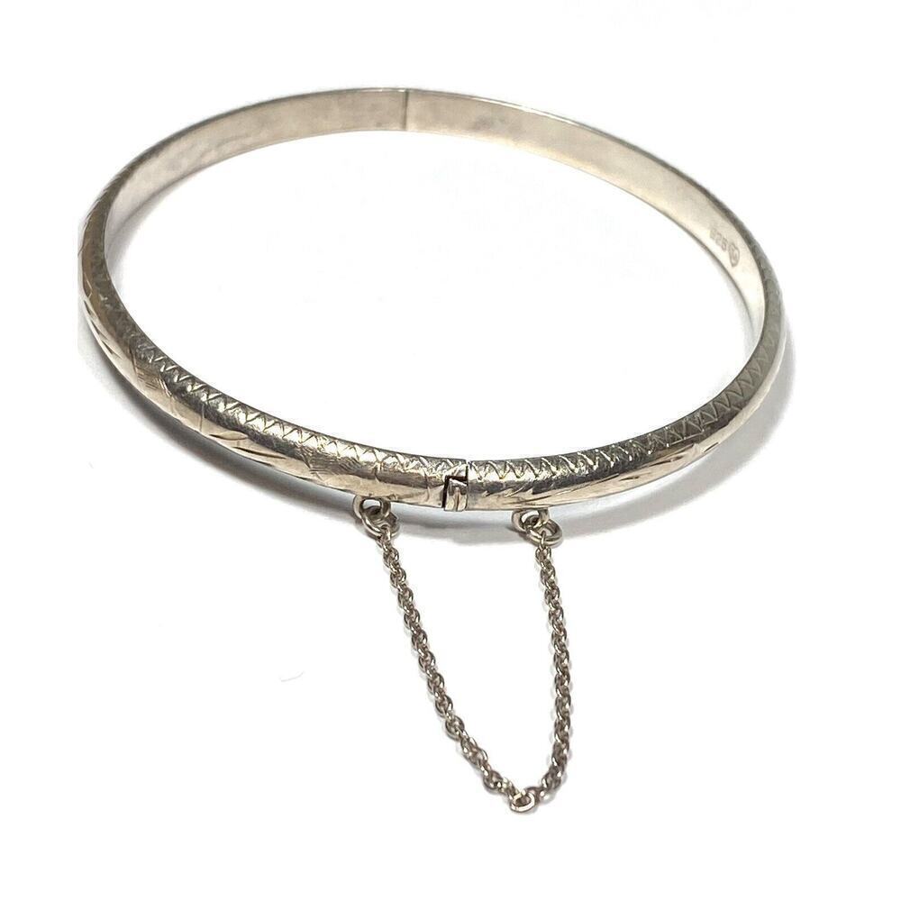 925 SA Bangle Bracelet Sterling Silver Edged Design Vintage Estate 7.25” 6.15g